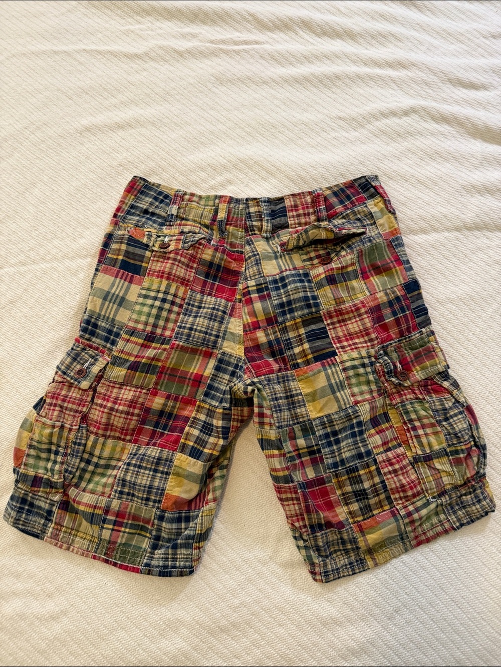 GAP Patchwork Plaid Cargo Shorts in Red, Blue, Yellow, Green - Picture 4 of 4